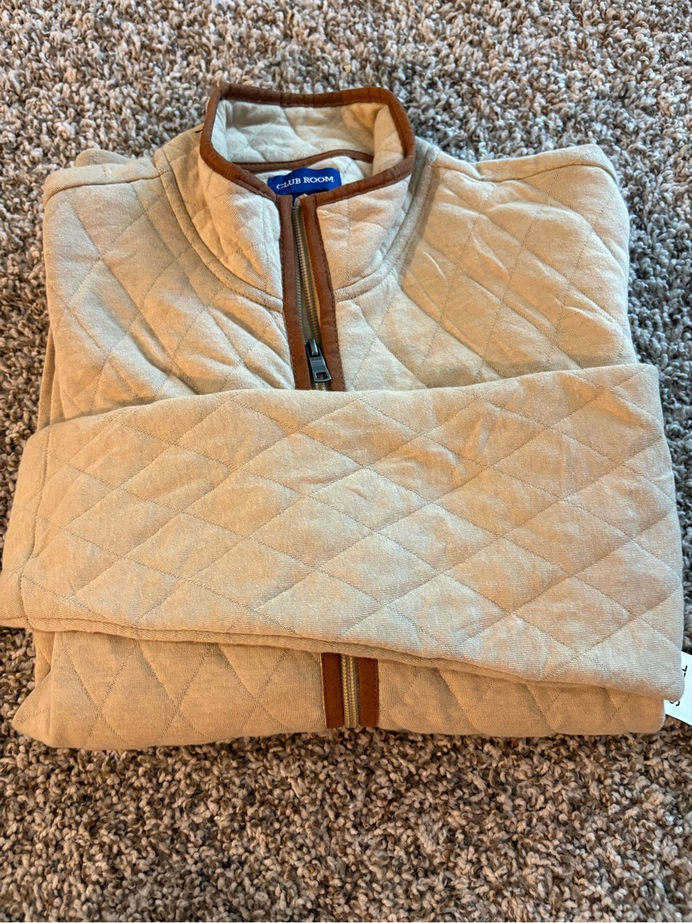 Club Room Quilted Half-Zip Sweater in Beige with Brown Trim